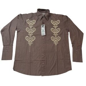 VTG KX COUTURE Brown Long Sleeve Button Up Shirt Men's XL Embellished Cotton NEW